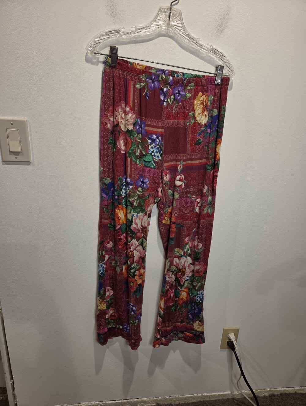 Johnny Was Size S Burgundy Boho Floral Print Cotton/modal Pj Pants